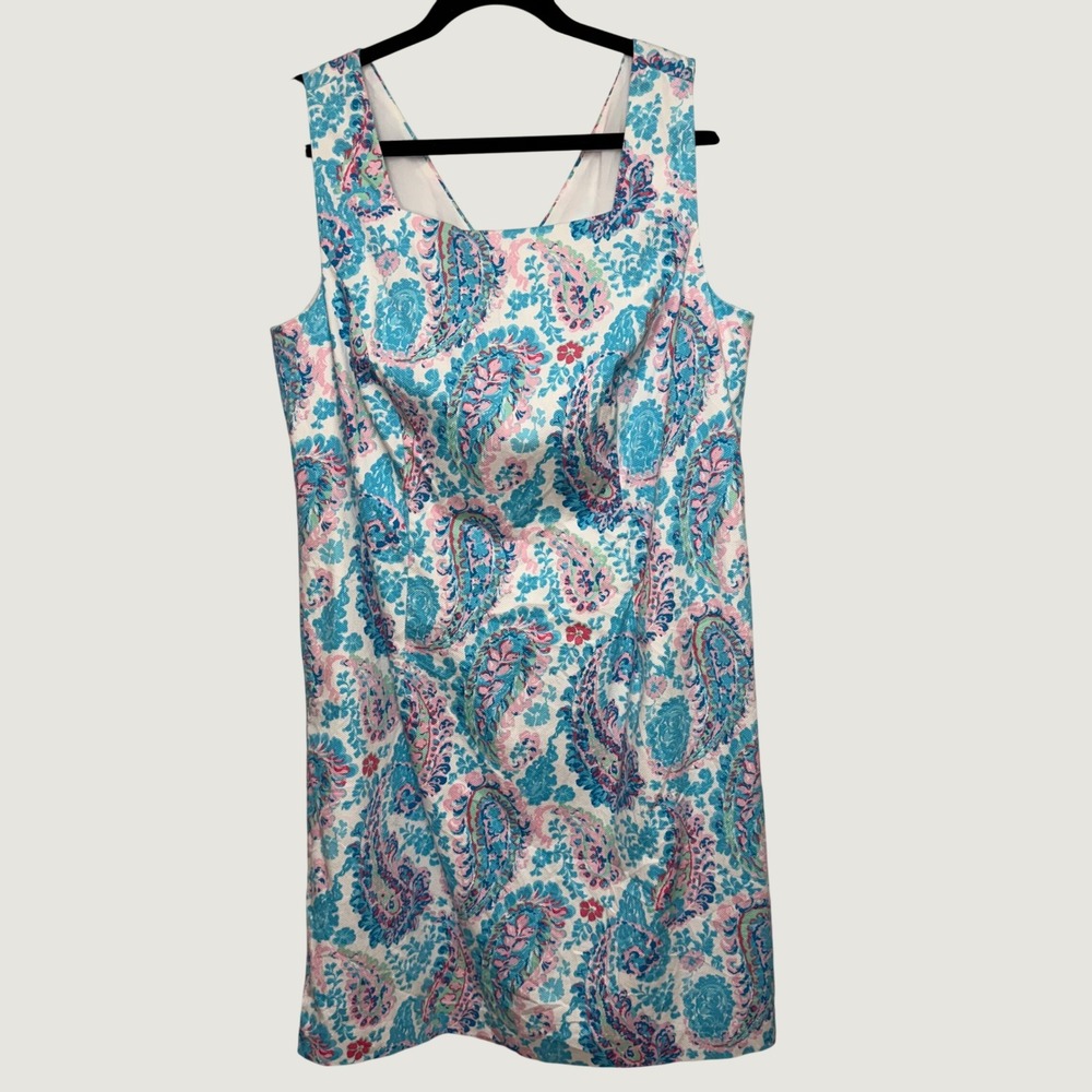 Talbots Plus Womens 14W Blue Pink Paisley Square Neck Cotton Shift Dress